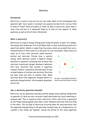 Electricity KS2 Comprehension: Information Text, Questions and Answer Frame