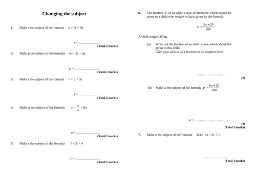 Algebra - Mini Assessment: Changing the Subject