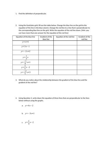 Graphs - Perpendicular Line Discovery/Indepedent task