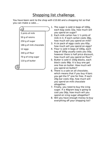 Shopping List challenge (multiplication worded problems)