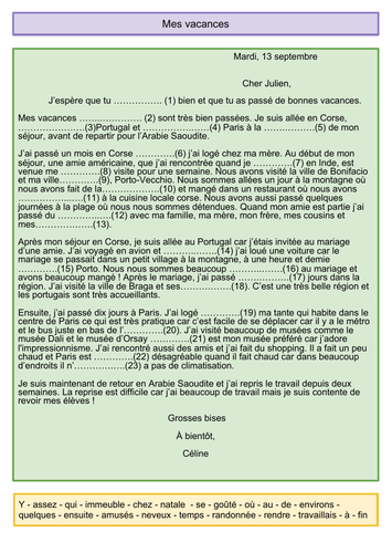 Mes vacances - Textes à trous