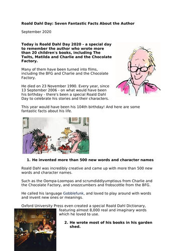 Roald Dahl Interesting Facts Reading Assessment
