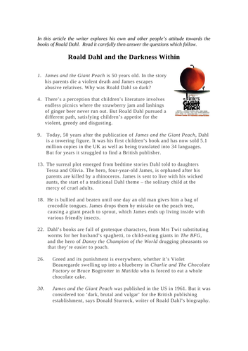 Roald Dahl reading assessment