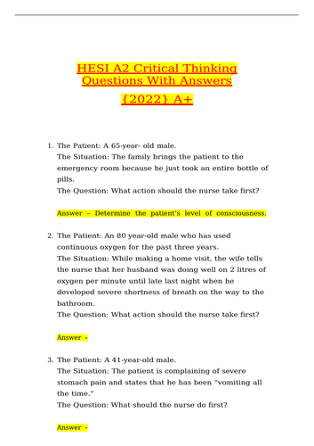hesi a2 with critical thinking exam practice questions