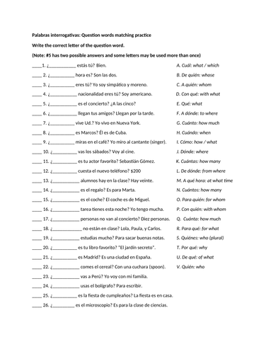 Question words matching practice (Spanish)