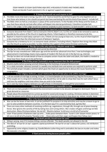 ESSAY  MAKER (32 ESSAYS) AQA GCSE RS  CHRISTIANITY ISLAM THEMES A-B-D-E