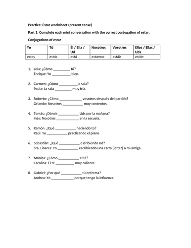 Estar practice worksheet (present tense)