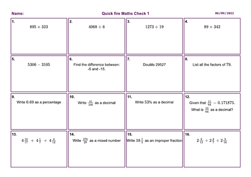 Y11 Quick fire Maths Skills Check