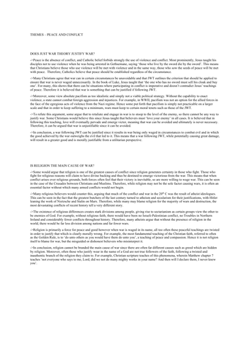 3 grade 8/9 RE model 12 markers on war from the peace and conflict module AQA