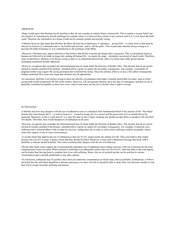 2 grade 8/9 RE model 12 markers on abortion and euthanasia for AQA GCSE