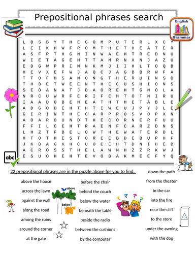 Prepositional Phrases Word Search Puzzle (22 Phrases)