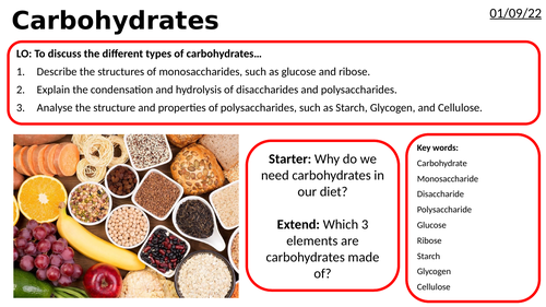 AS/A2-Level AQA Biology Carbohydrates Monosaccharides Disaccharides Polysaccharides Full Lesson