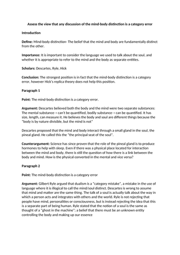 Soul, mind and body ESSAY PLANS- Philosophy & Ethics A Level OCR