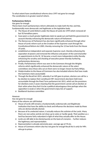 UK Constitution Government and Politics Edexcel A Level Notes and essay plans