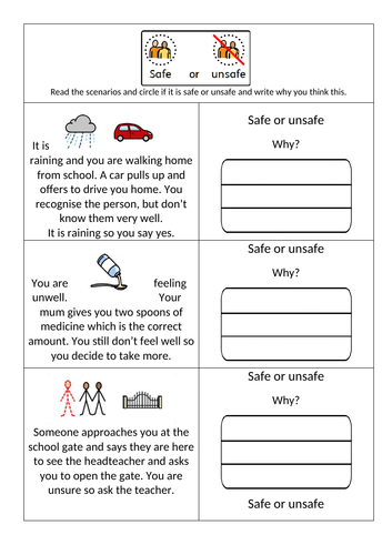 Safe and unsafe scenarios worksheet