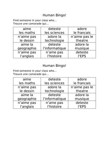 French School Subjects Human Bingo Game