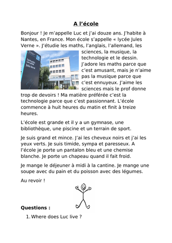 Reading comprehension on school (French)