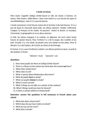 Reading Comprehension Revision on School (French)