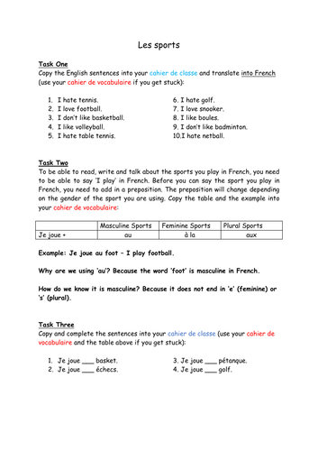 French sports and weather worksheet