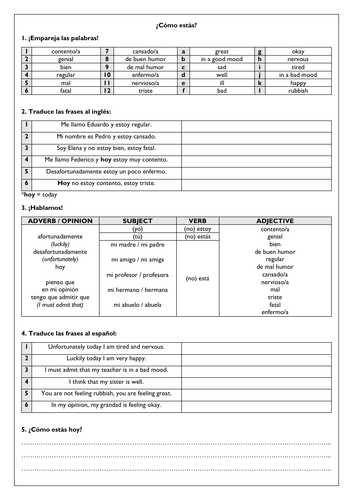 Spanish Ser & Estar KS3 - ¿Cómo estás?  and personality