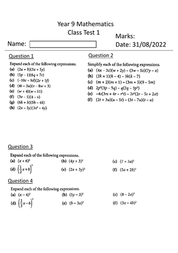 Algebra-Year 9-Class Test 1-Mathematics-Questions with Answers