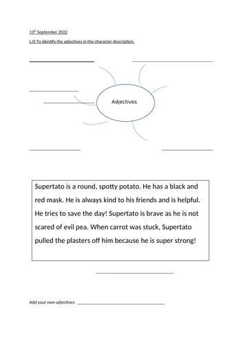 Character description WAGOLL + Adjectives to describe Supertato - 4 x differentiation