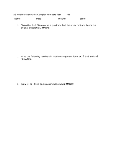 AS further maths complex numbers test