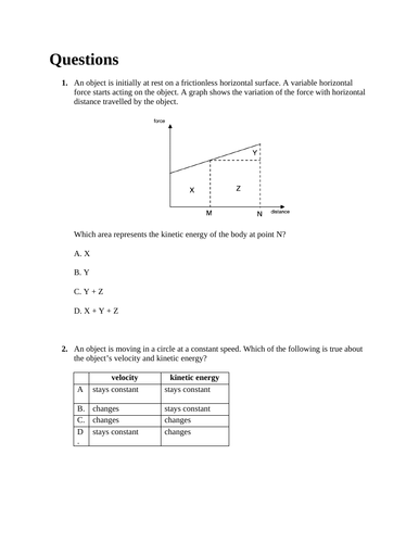 Topic 2.3 Work Energy and Power 10 MCQ for IB DP Physics Paper 1