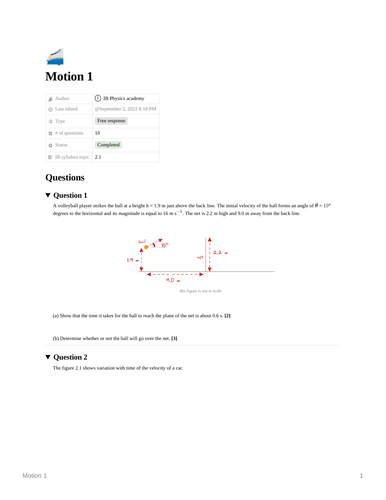 Topic 2.1 Motion (Kinematics) 10 Questions for IB DP Physics Paper 2