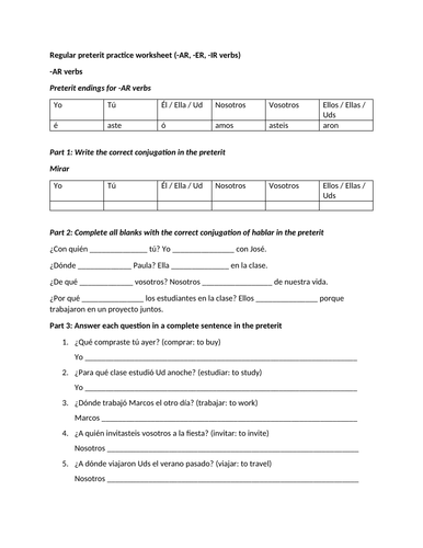 Regular preterit ar er ir verbs practice worksheet