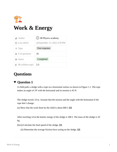 Topic 2.3 Work, Energy & Power 10 Questions for IB DP Physics Paper 2