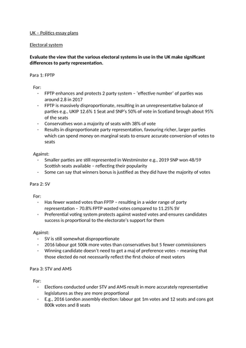 Edexcel A level UK Politics Essay Plans