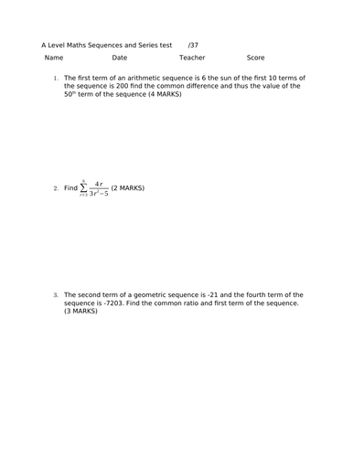 A level Maths Sequences and Series Test