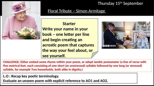 Floral Tribute for Queen Elizabeth II by  Simon Armitage KS4 English