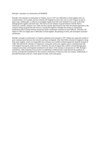 GCSE AQA model 8 mark Raleigh's attempts at colonisation