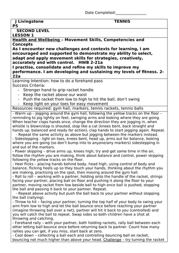 P5 Tennis Lesson Planning 6 week block