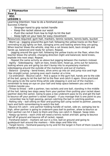 Y2 Tennis Lesson Planning 6 week block