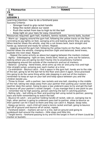 Y3 Tennis Lesson Planning 6 week block