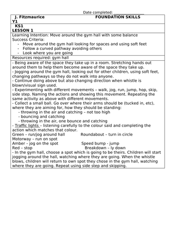 Y1 Foundation Skills Lesson Planning 6 week block