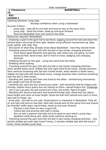 Y4 Basketball Lesson Planning 7 week block