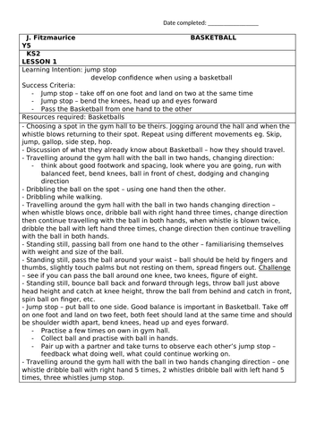 Y5 Basketball Lesson Planning 7 week block