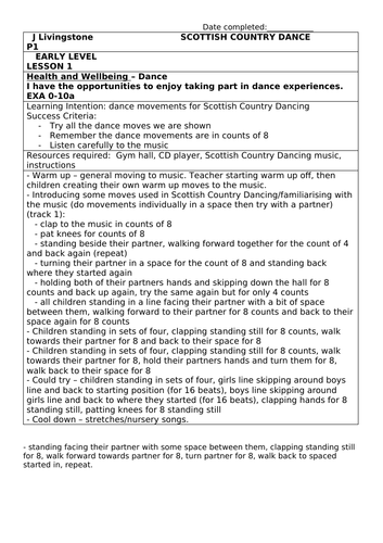 P1 Scottish Country Dancing Lesson Planning 4 week block