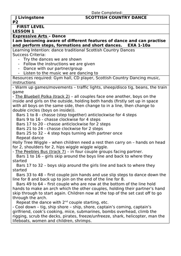 P2 Scottish Country Dancing Lesson Planning 4 week block