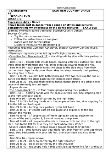 P5 Scottish Country Dancing Lesson Planning 4 week block