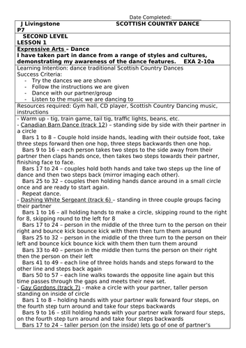 P7 Scottish Country Dancing Lesson Planning 4 week block