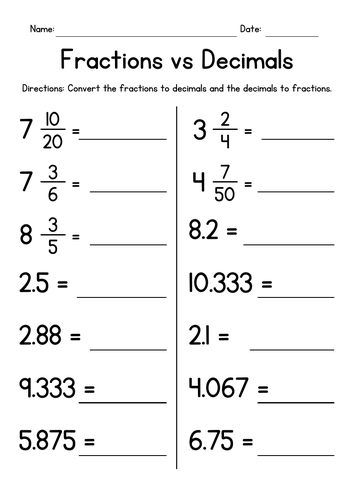 Fractions vs Decimals - Mixed Numbers Worksheets