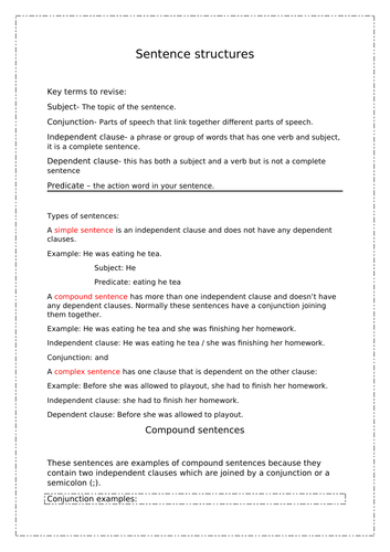 complex sentence work sheet