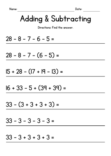 Adding  & Subtracting with Parenthesis Worksheets