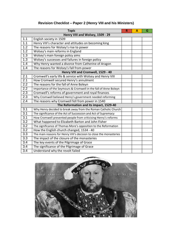 Edexcel Henry VIII and His Ministers Revision Checklist