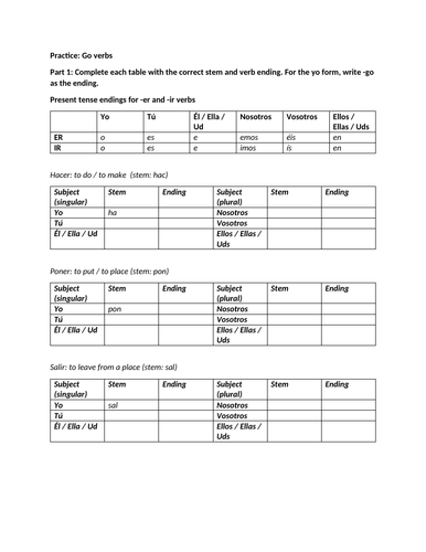 Go verbs worksheet with conjugation and questions